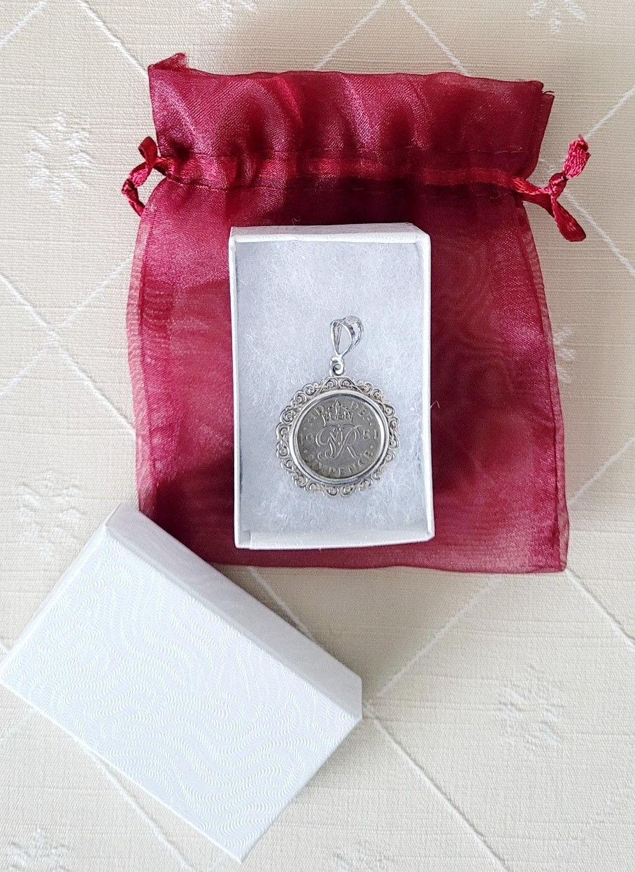 LUCKY SIXPENCE COIN 1951 Solid 925 SILVER PENDANT NECKLACE 75 Birthday George 6