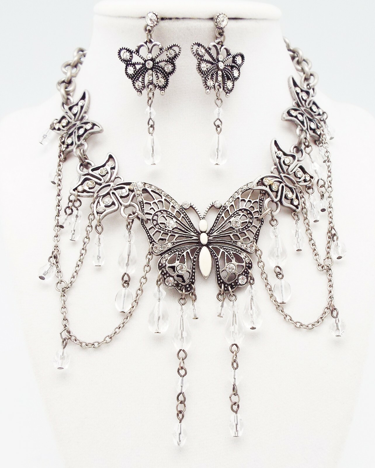 DESIGNER INSPIRED 17 in WHITE MULTI CRYSTAL ENAMEL BUTTERFLY JEWELERY SET NEW