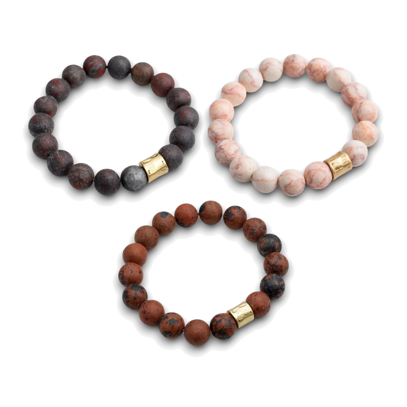 Set of 3 Natural Gemstone Bracelets – Warm Reds 12mm Bloodstone Jasper
