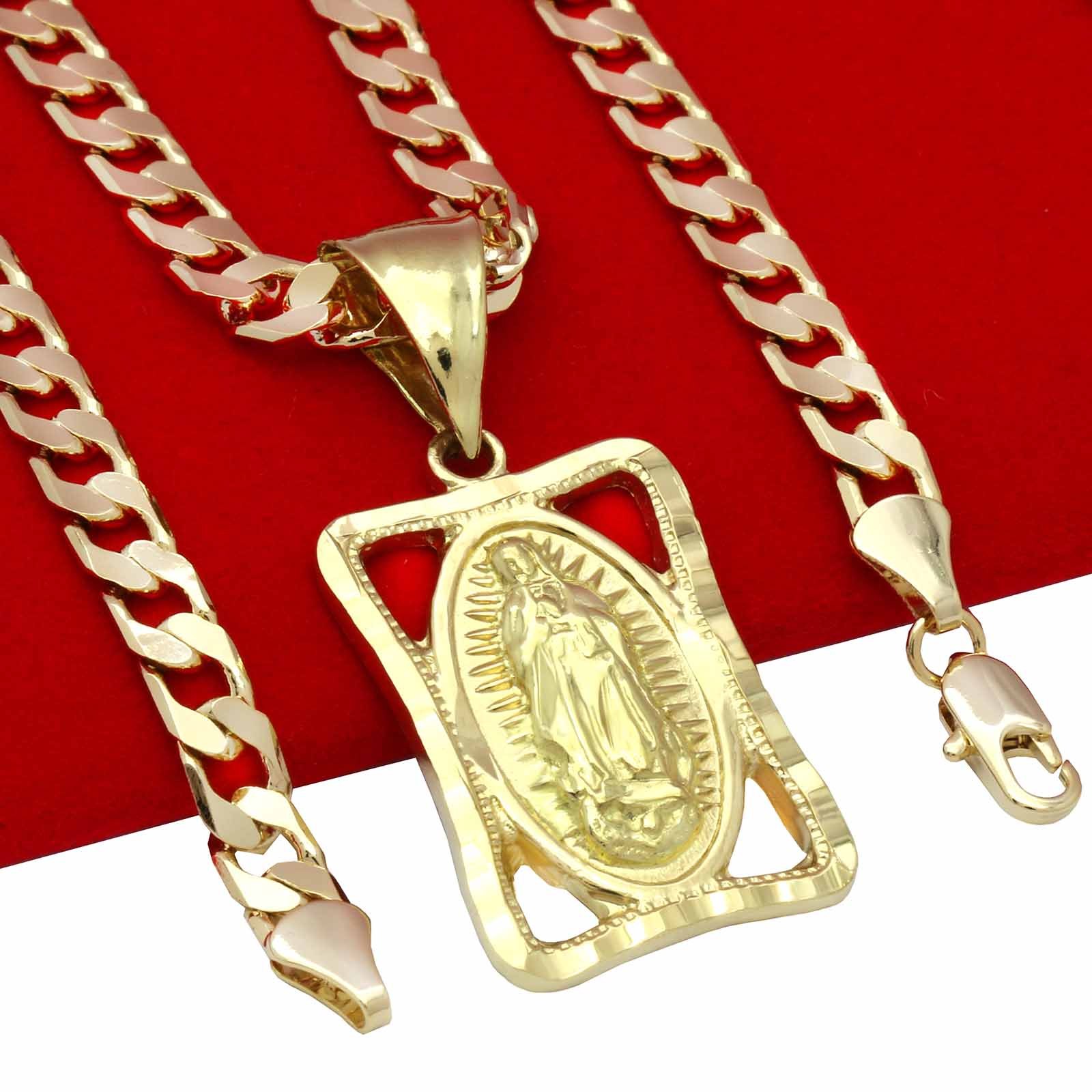 Mens 18k Gold Plated Virgin Guadalupe 5mm 24″Flat Cuban Necklace Chain (H)