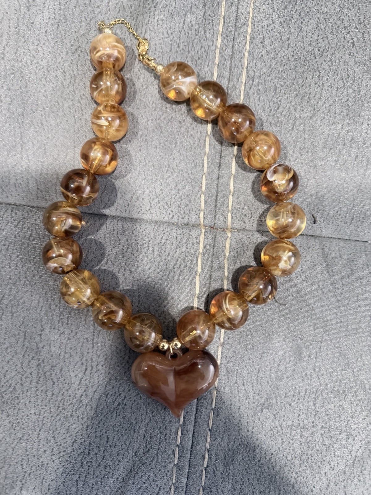 Brown Glass Beaded Necklace Heart Charm Pendant Love Theme Round Beads