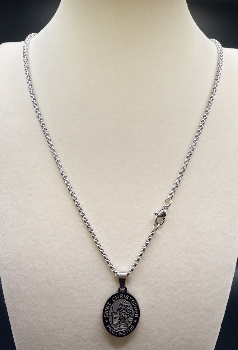 Silver Tone Saint Christopher Oval Medal Pendant Necklace, Stainless Steel
