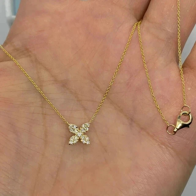 1Ct Round Cut Simulated Flower Fancy Pendant 14K Yellow Gold Plated Chain 18”
