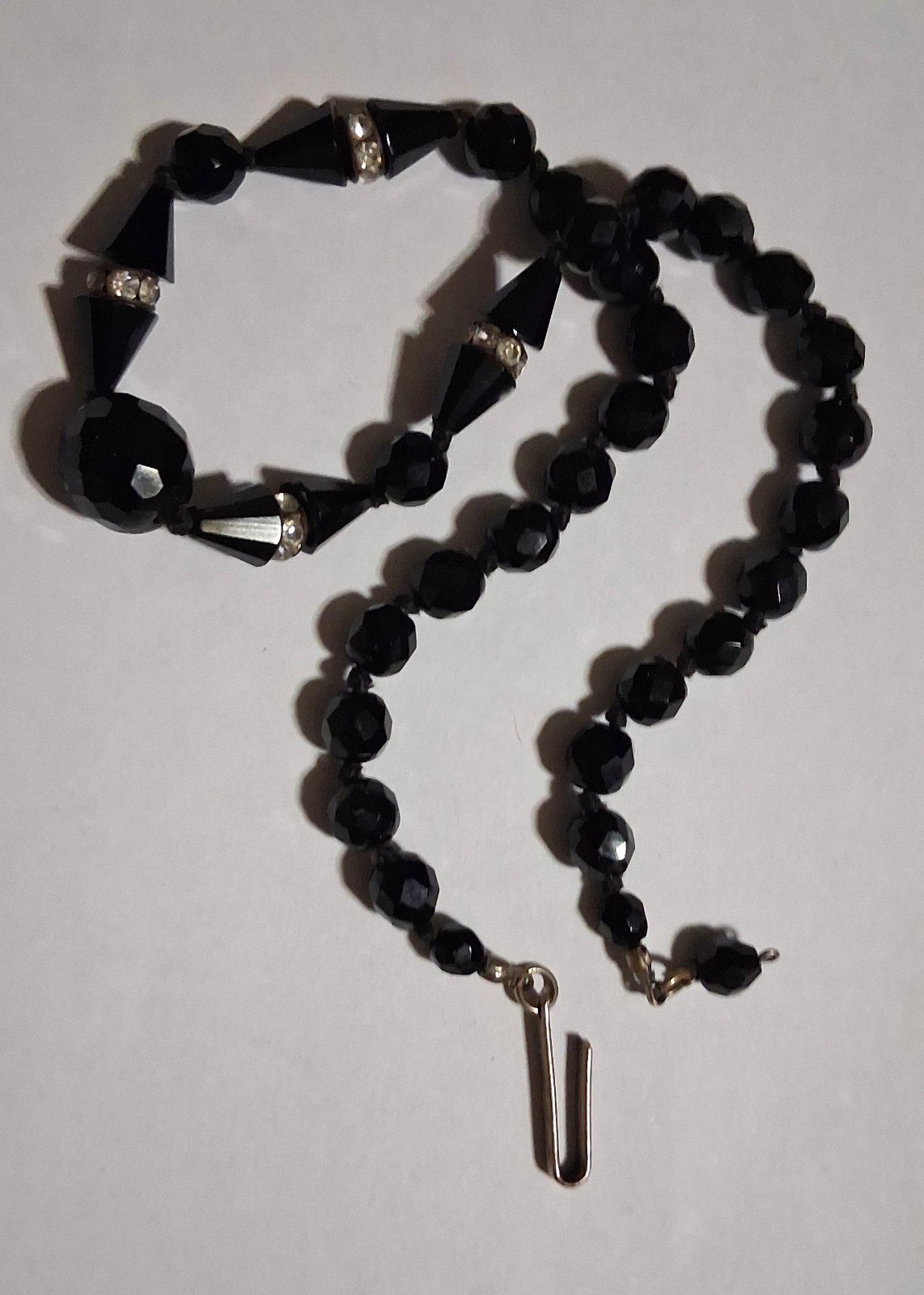 Deco Necklace VTG Austrian Crystal Black Faceted Beads wt Rhinestone Spacers