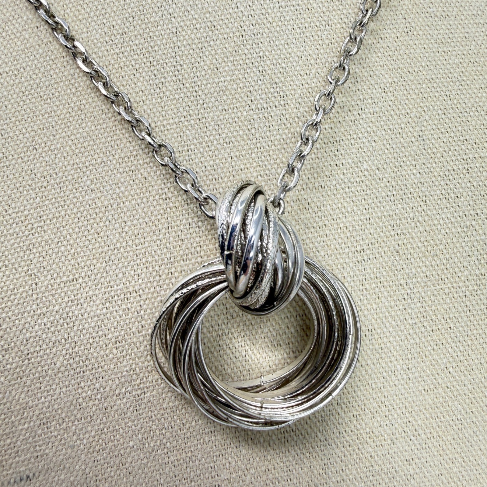 Multi Ring Knot Necklace Pendant Long Cable Chain Statement Silver Tone