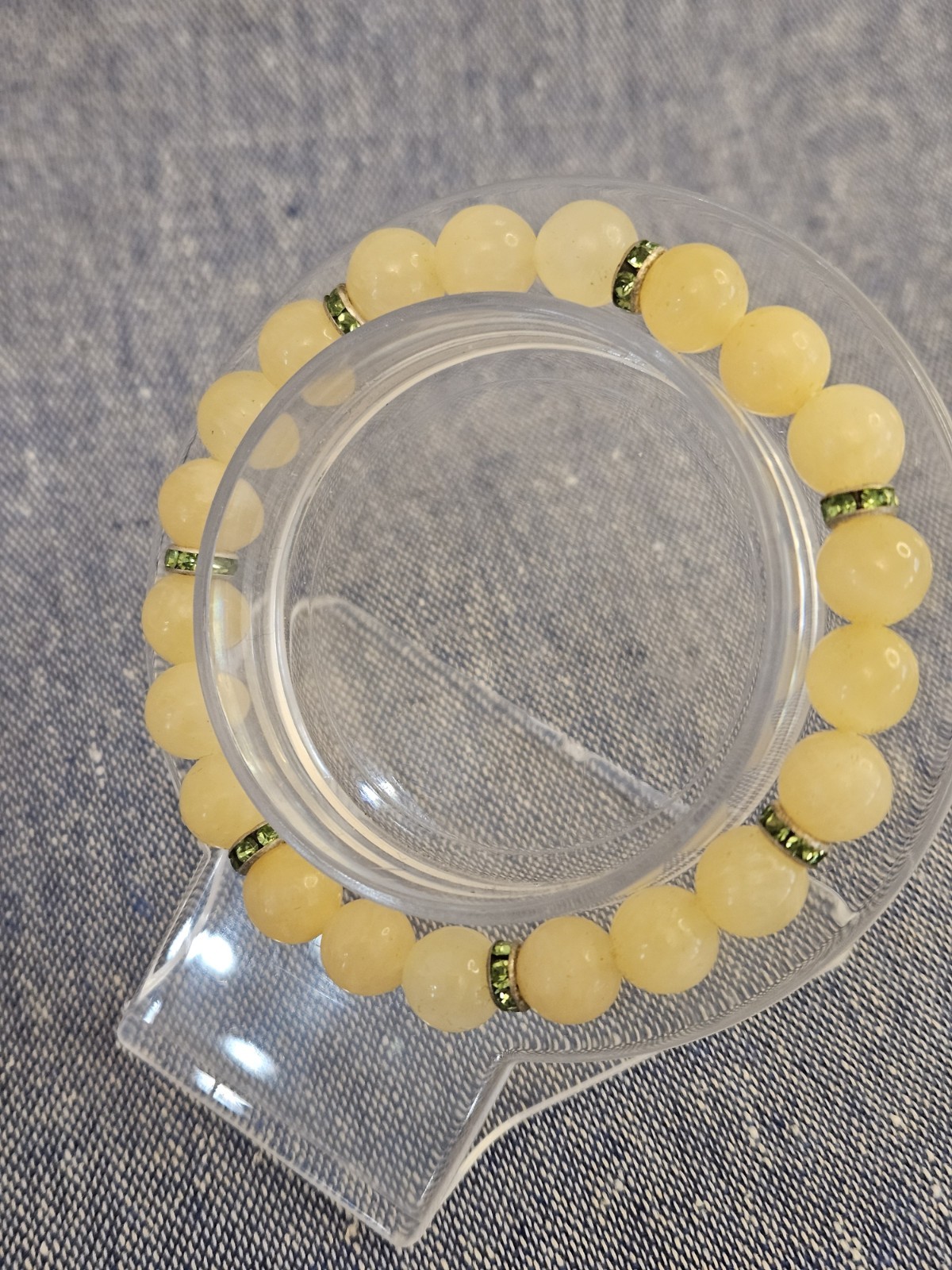 Natural Honey Calcite Round 8mm Bead Stretch Bracelet w Green Rhinestone Spacer