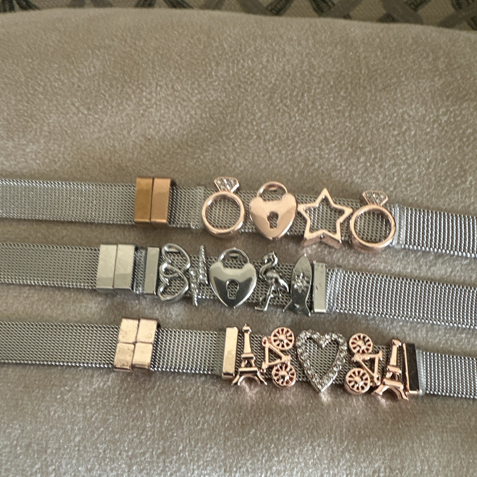 Silver Tone Mesh Slide Charm Bracelet Lot of 3, Adjustable Buckle, Metal