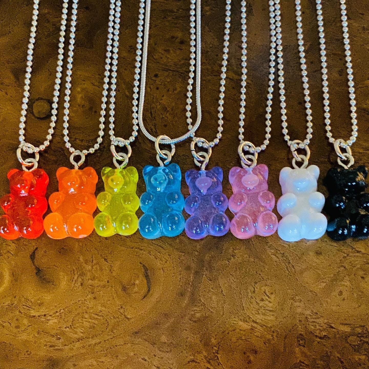 Gummy Bear Necklace Sterling Silver Chain BLACK Blue Black pink Yellow 16″