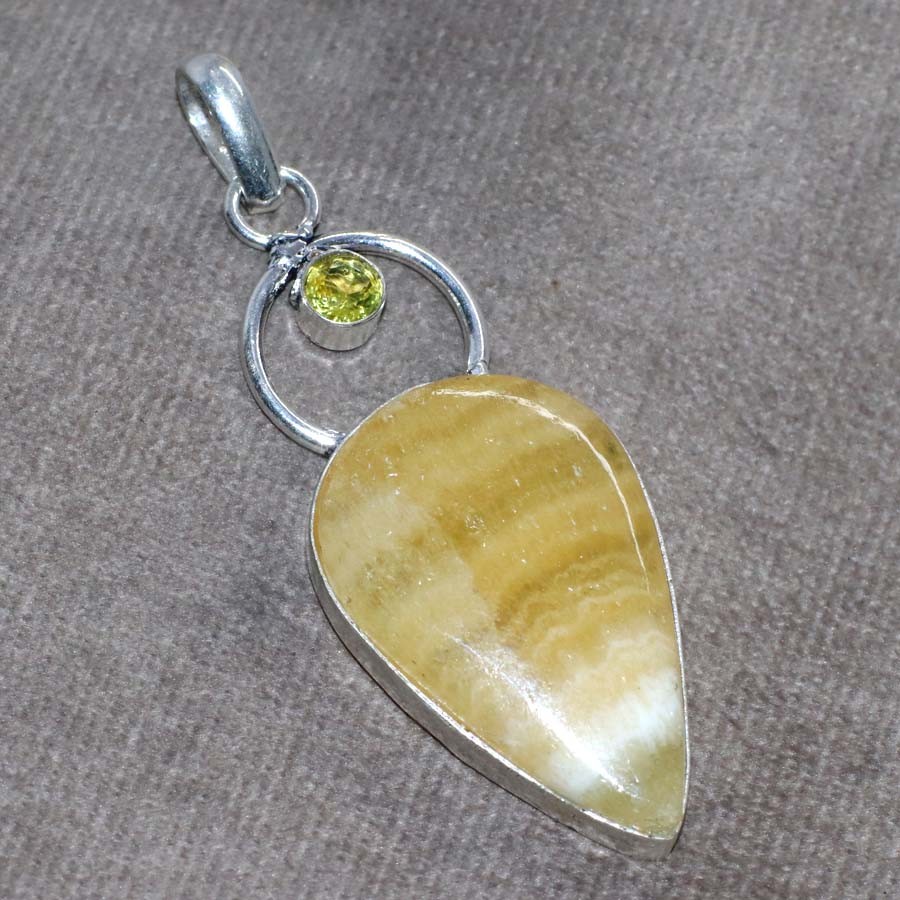 Long Laguna Lace Calcite Citrine 925 Silver Plated Pendant 2.5″ Trendy JW