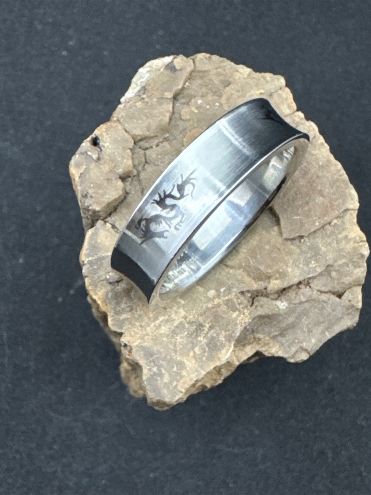 Concave Ring Laser Etched Dragon Design Stainless Steel 6mm