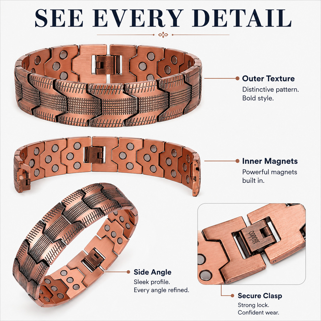 Elegant Copper-Tone Magnetic Bracelet for Men Adjustable Pain Relief Arthritis