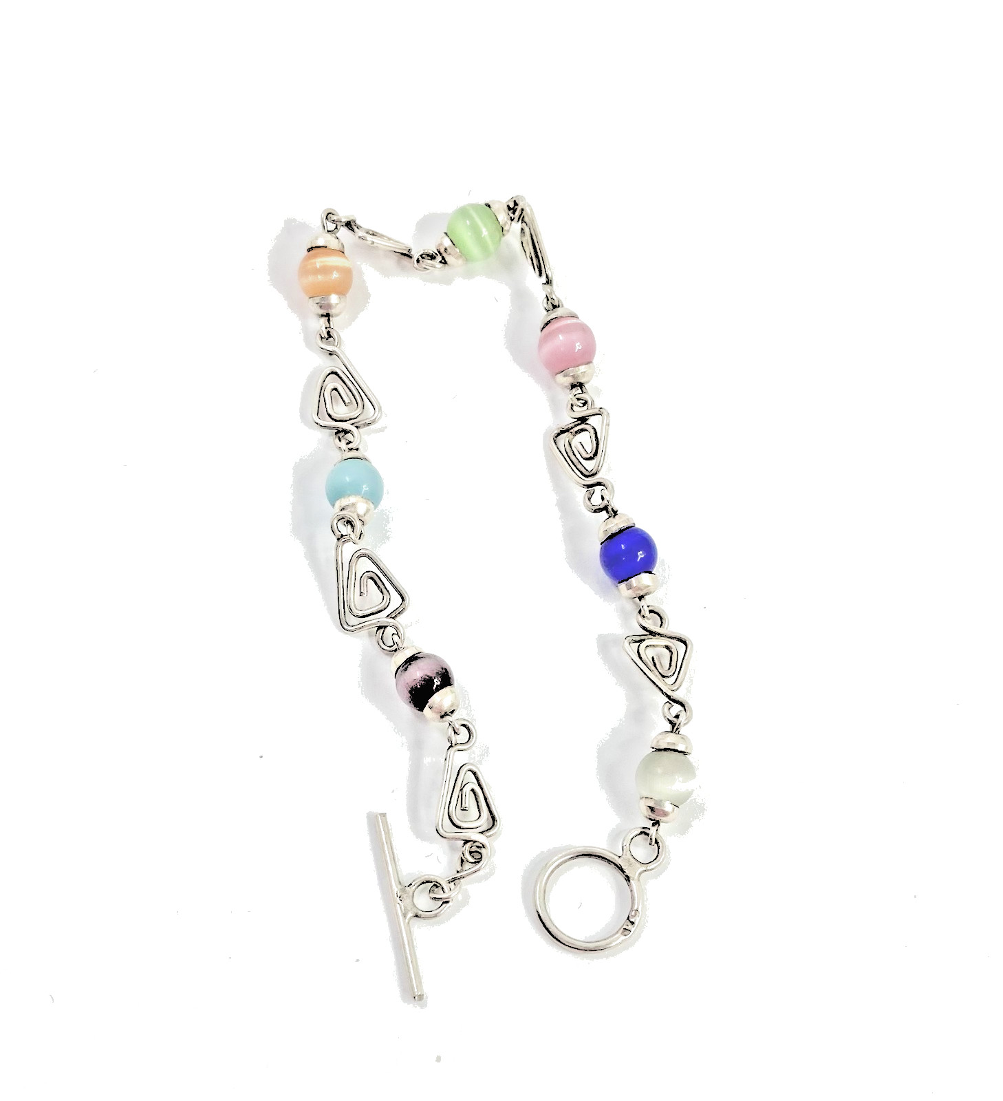 925 Silver & Multicolored Cat’s Eye Glass Triangle Link Chain Bracelet 8 in long