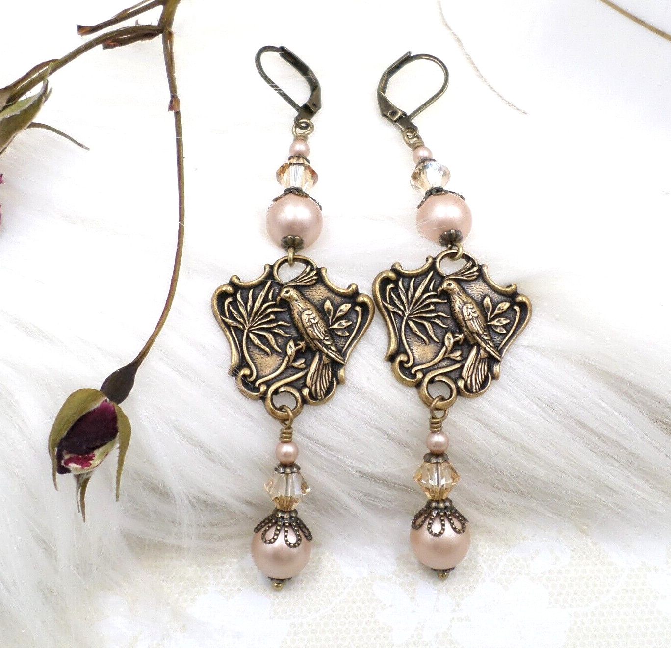 Antiqued Brass Bird Dangle Earrings, Handmade Pearl and Crystal Animal Jewelry