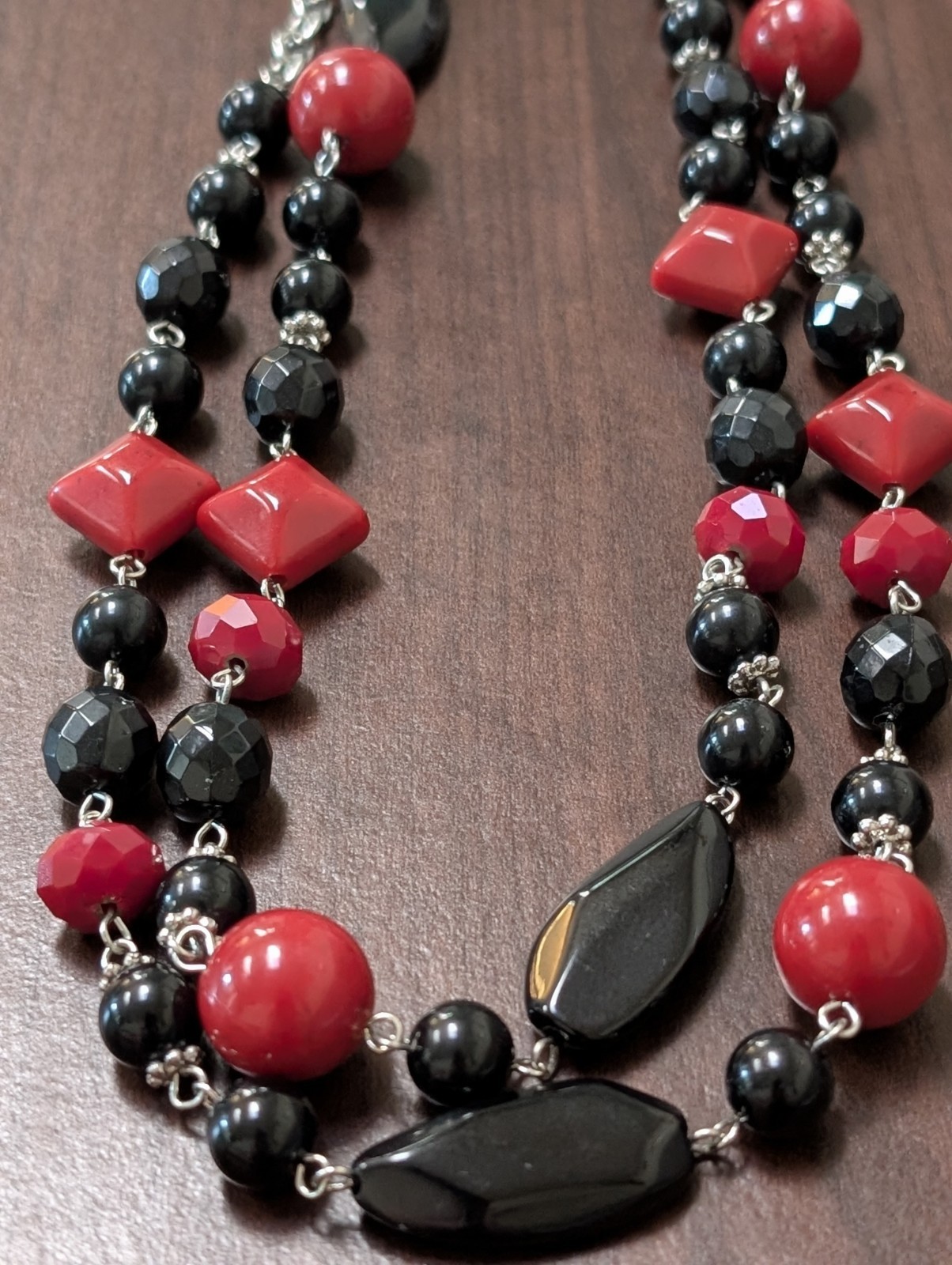 Vintage Dark Red Crimson Black Beaded Flapper Necklace 44 Inch Wear Long or Doub