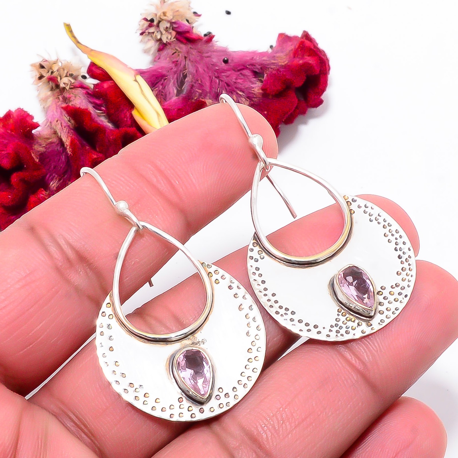 Pink Kunzite Gemstone Designer Handmade 925 Sterling Silver Earring 1.87″ Sku59