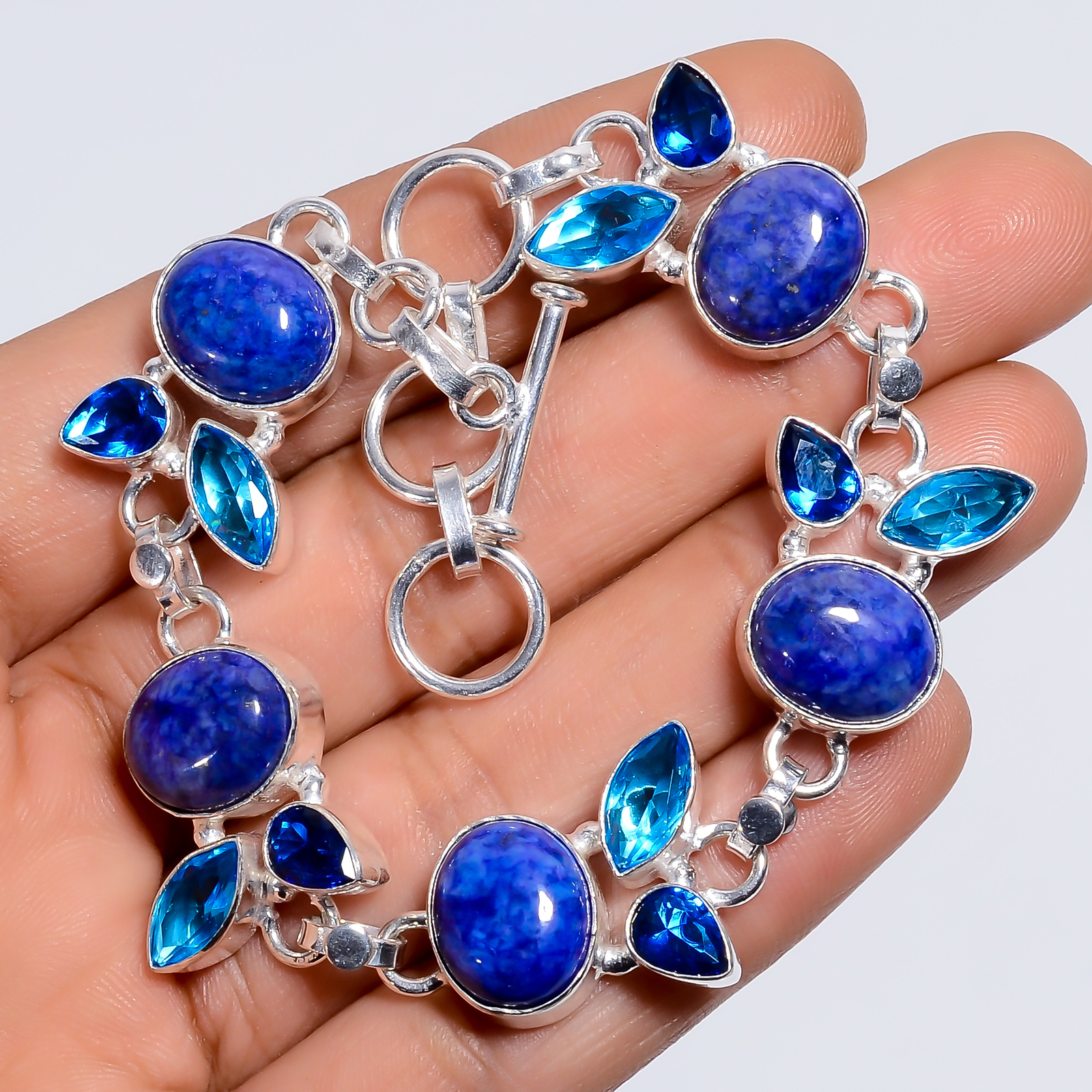 Natural Lapis Lazuli Topaz Gemstone 925 Silver Handmade Bracelet 6-8″