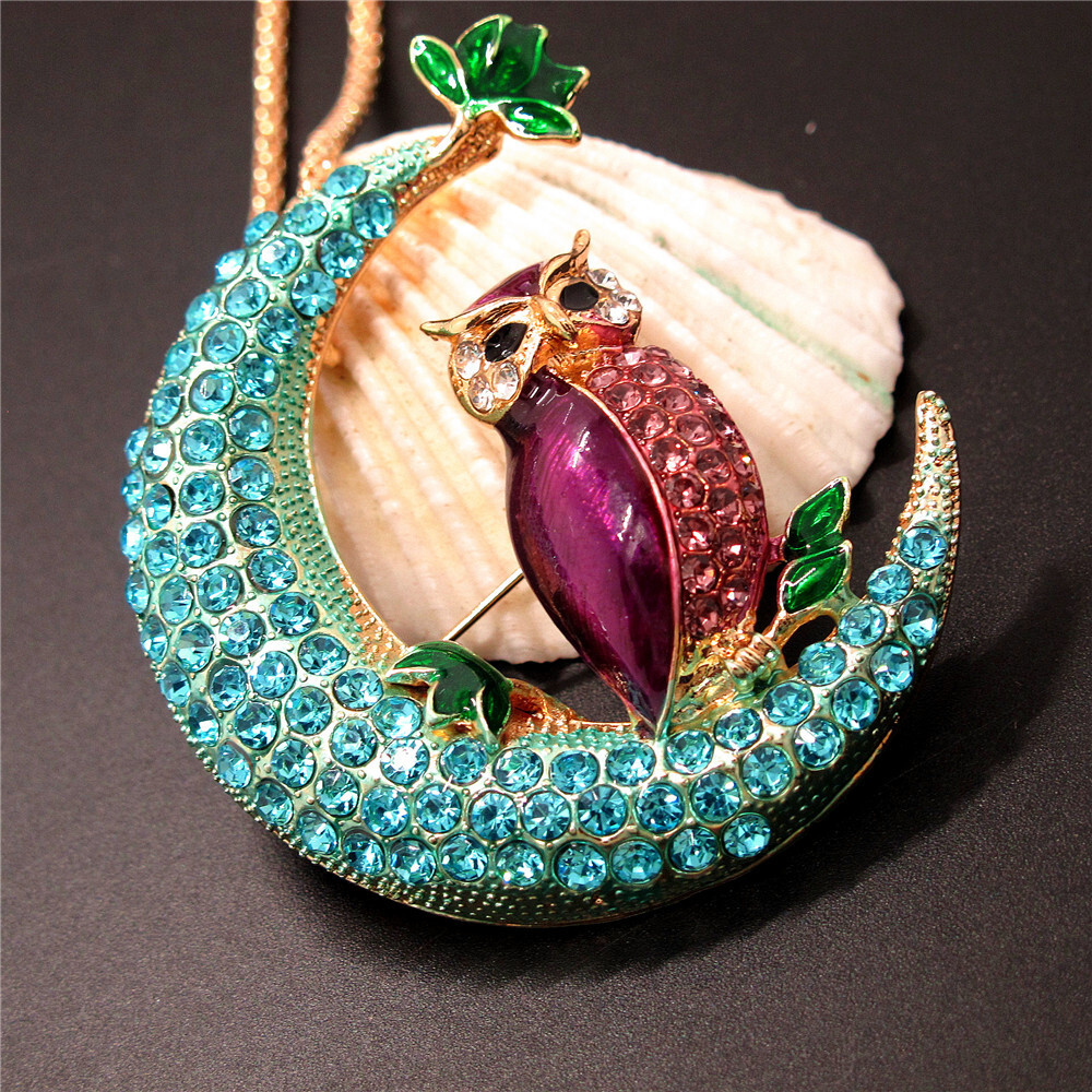 New Purple Blue Enamel Moon Owl Crystal Animal Pendant Holiday gifts Necklace