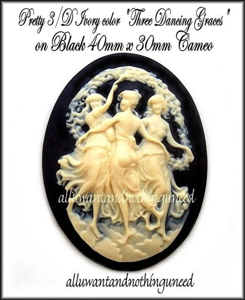 4 IVORY color Three Dancing GRACES on BLACK 40mm x 30mm Costume Jewelry Cameos