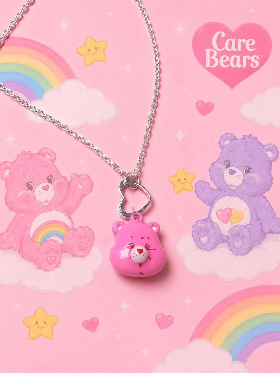 Cheer Bear Care Bear Pink Teddy Bear Necklace With Heart Design
