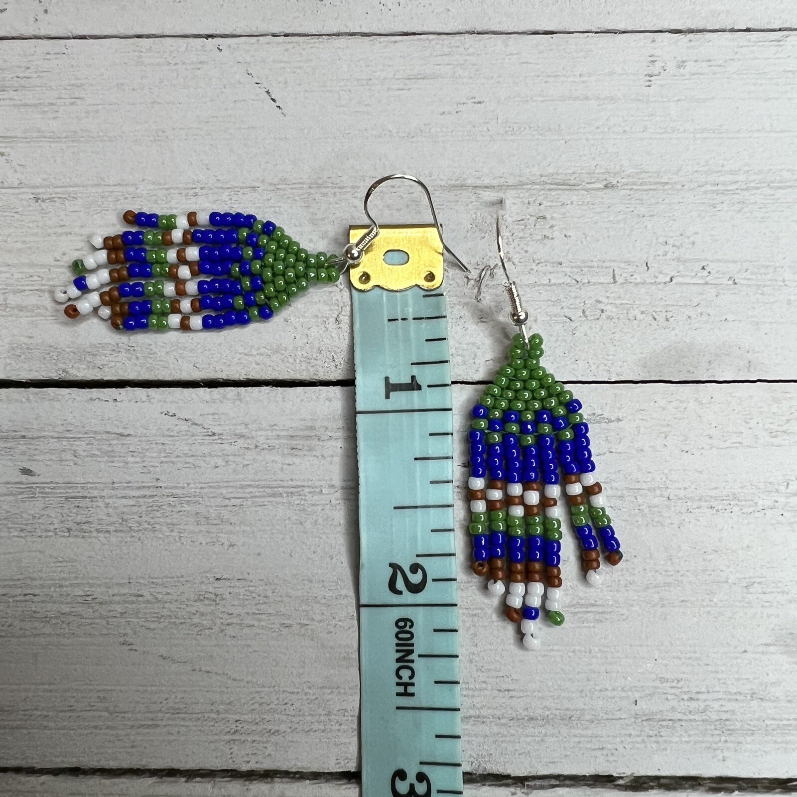 Mini Seed Beaded Earrings 2.25 inches Long Handmade Jewelry Blue Green