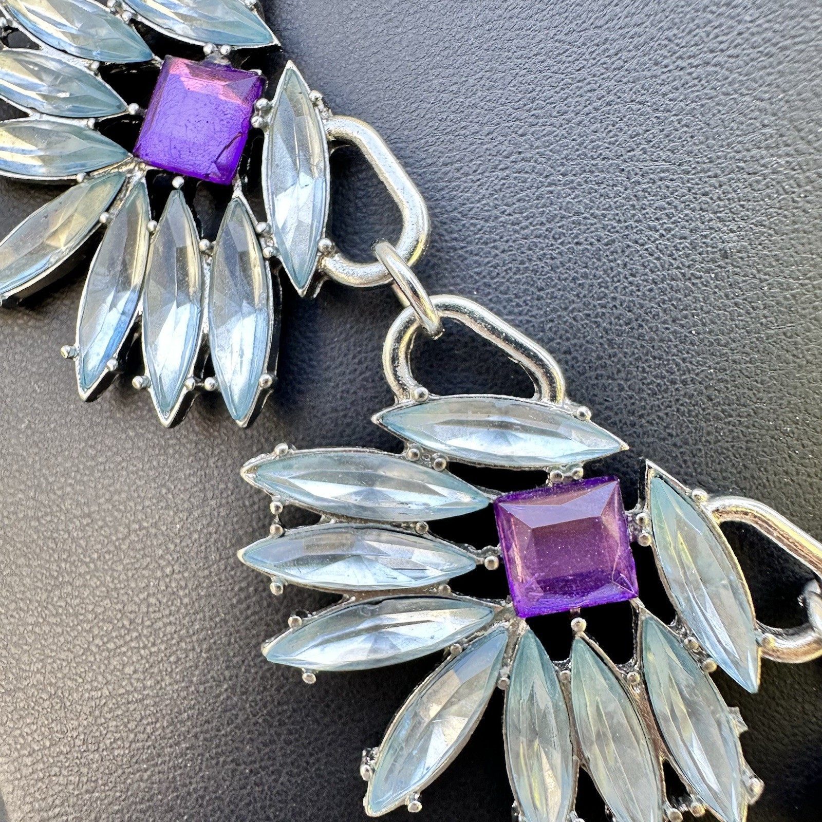Art Deco Revival Statement Necklace Icy Blue Purple Rhinestone Bib Ice Queen