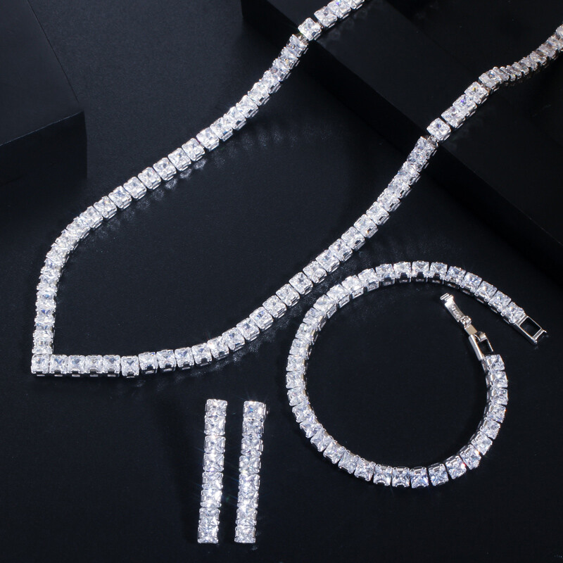 Gorgeous Silver Plated CZ Bridal Square Necklace Earrings Bracelet Jewelry Set