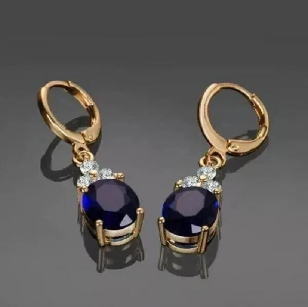 3.48 Ct Oval Cut Blue Sapphire Earrings Gift Earrings 14K Yellow Gold