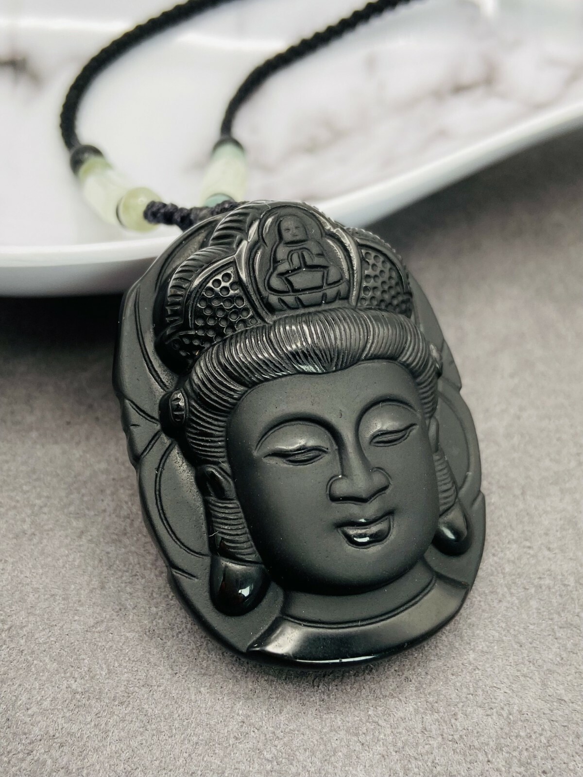 Jade Obsidian Buddha Charm Pendant Necklace Beads Cord Handmade Carved Gemstone