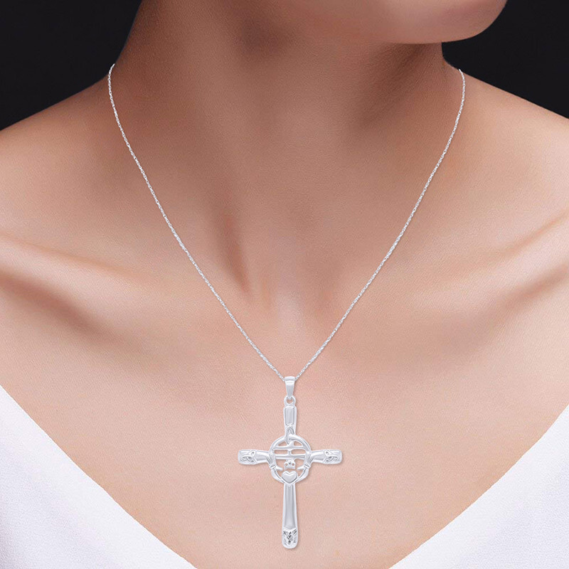 Trinity Knot Claddagh Celtic Cross Pendant Necklace 14k White Gold Plated Silver