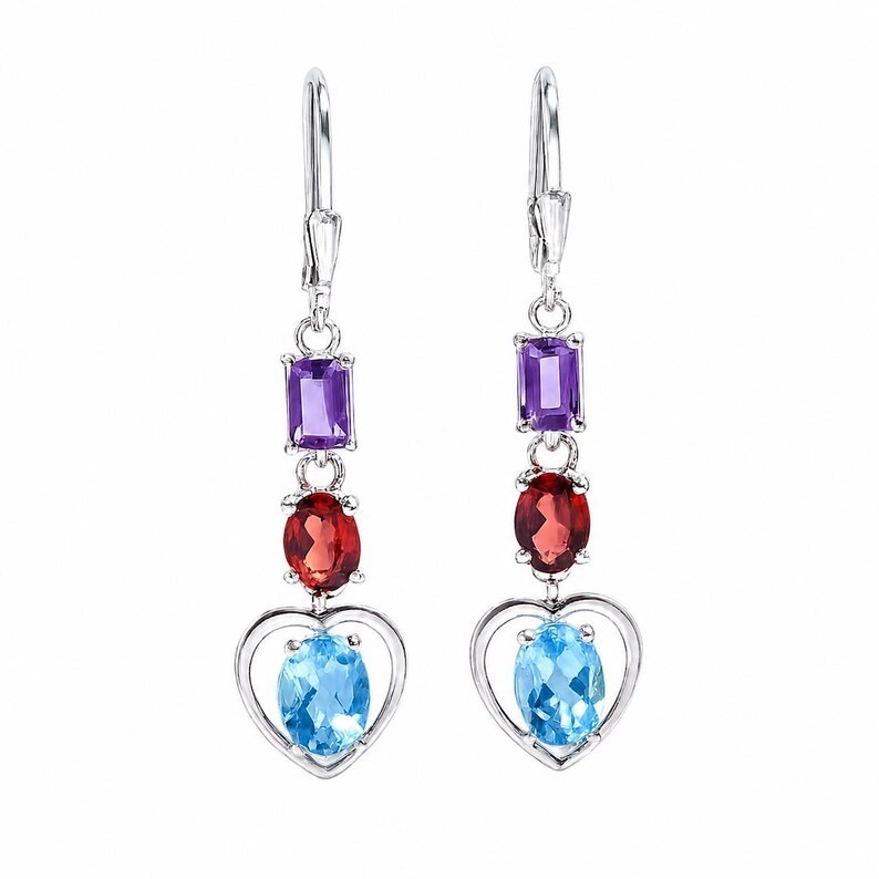 Blue Topaz Heart Earrings 925 Silver, Garnet Amethyst Dangle Earrings December