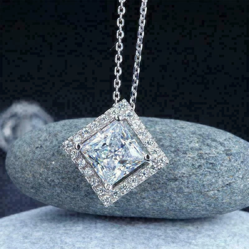 2.00Ct Princess Cut Simulated Diamond Halo Pendant Chain 14k White Gold Plated