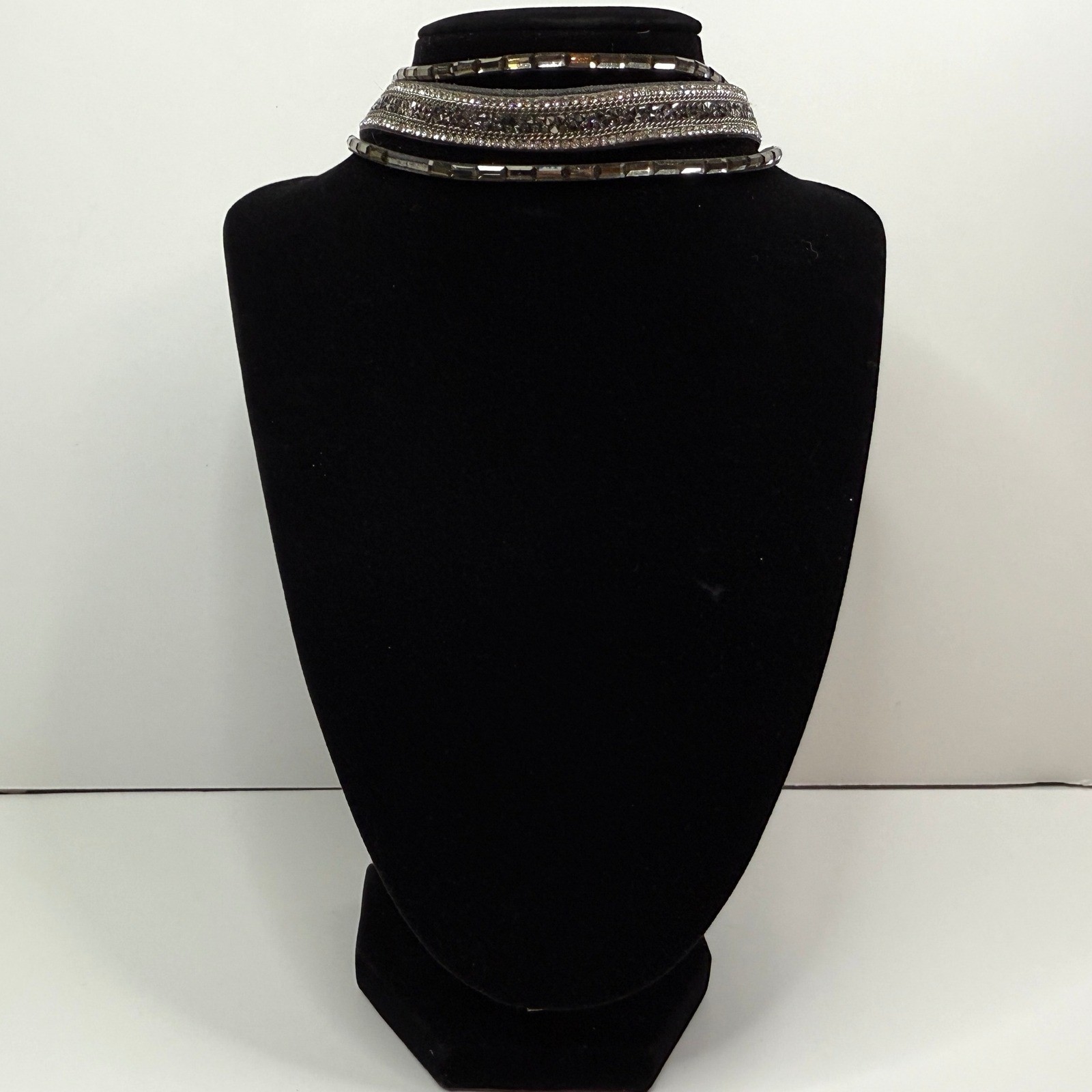 Rhinestone Statement Choker Necklace Silver Vegan Suede Gray Wrap Jewelry 16.5in