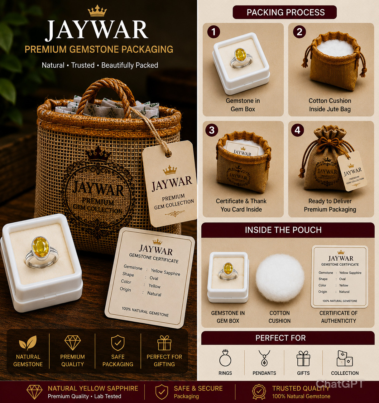 Jaywar Adjustable Yellow Sapphire Ring Unisex 3-15 Ratti Gold Tone