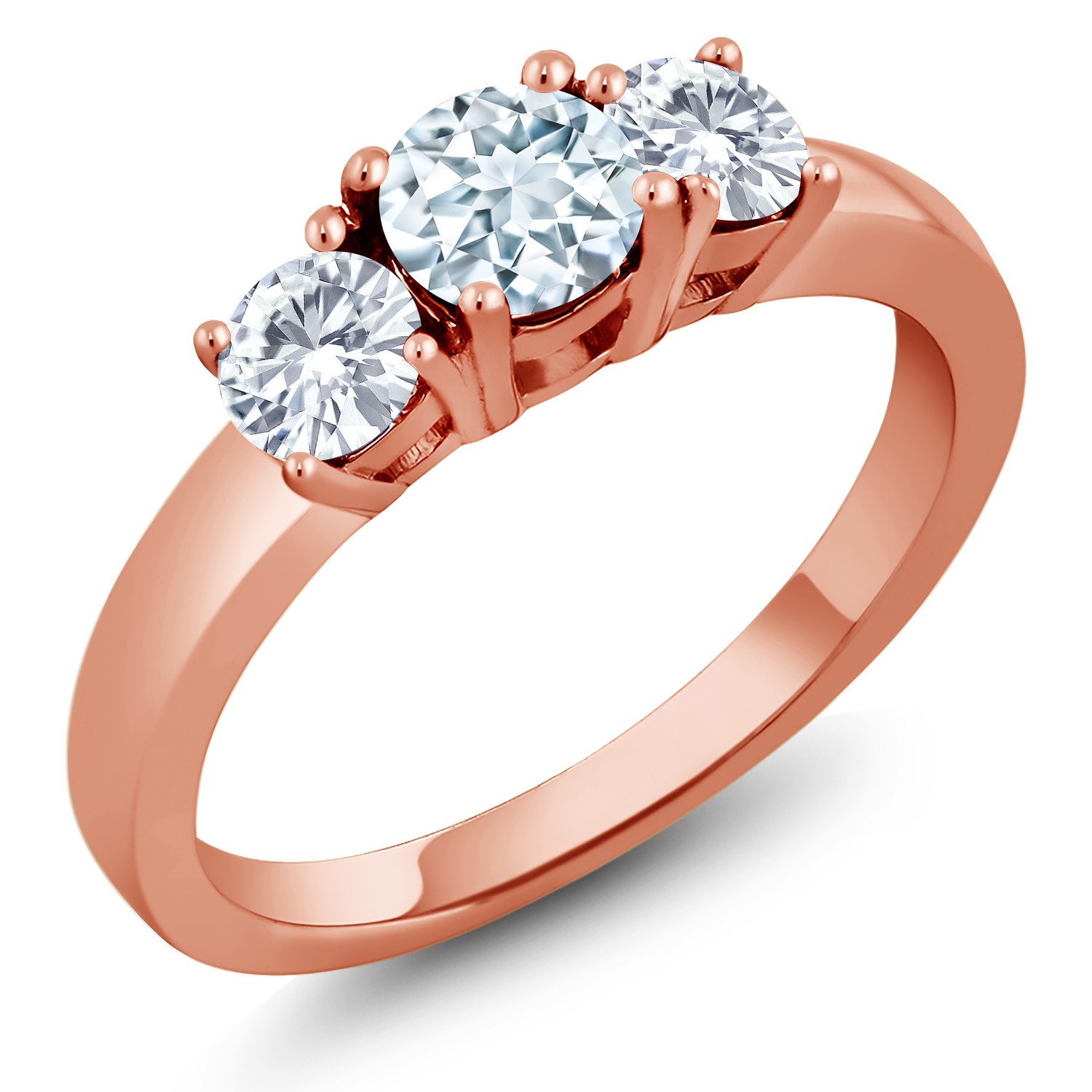 18K Rose Gold Plated Silver 3-Stone Ring Aquamarine Moissanite (0.96 Cttw)
