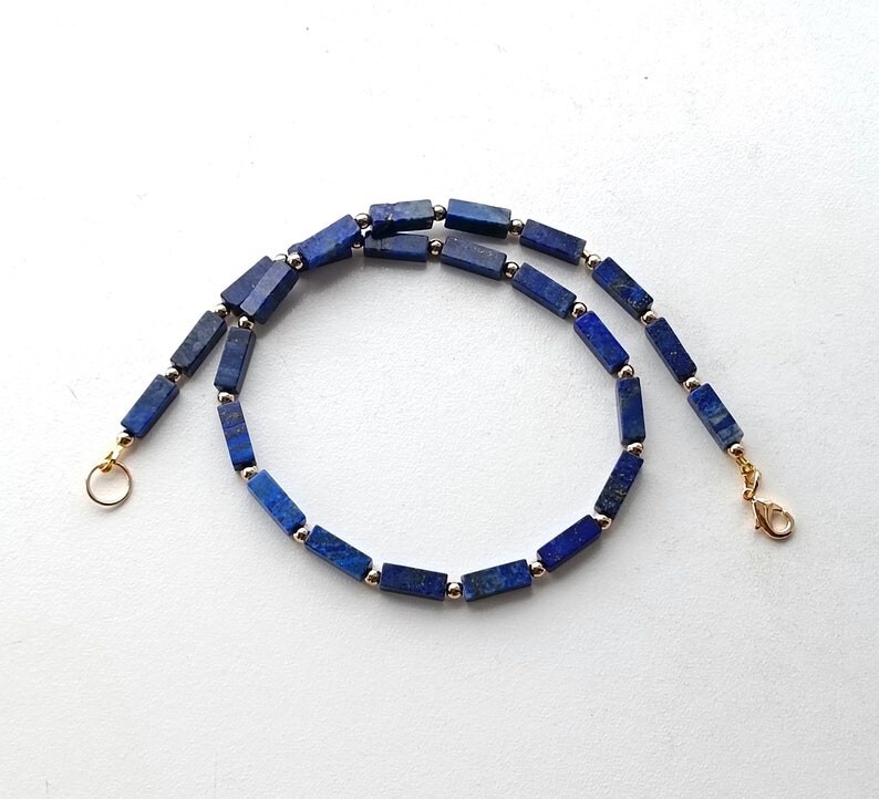 Natural Lapis Lazuli Smooth Rectangle Gemstone Beads Gold Filled Necklaces 18”