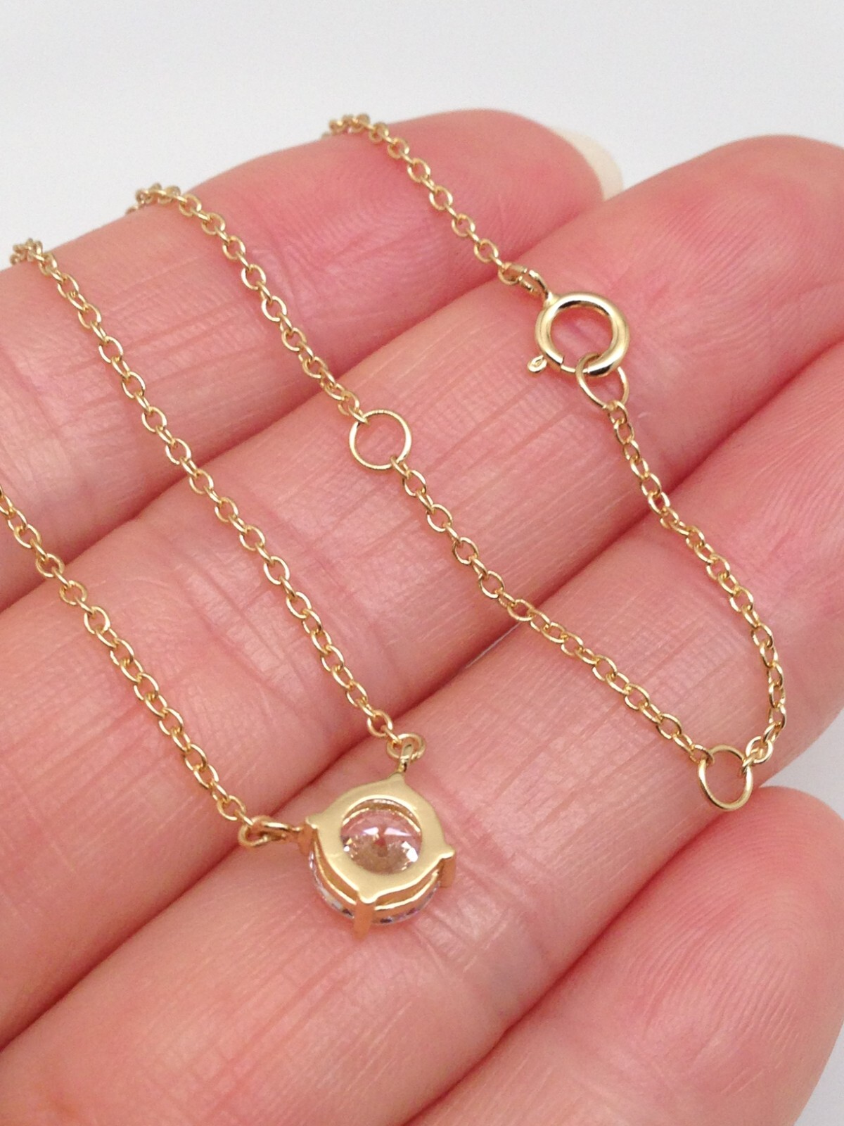 925 Sterling Silver CZ Round Solitaire Pendant Necklace Women 5.8mm 17.25″ Gold