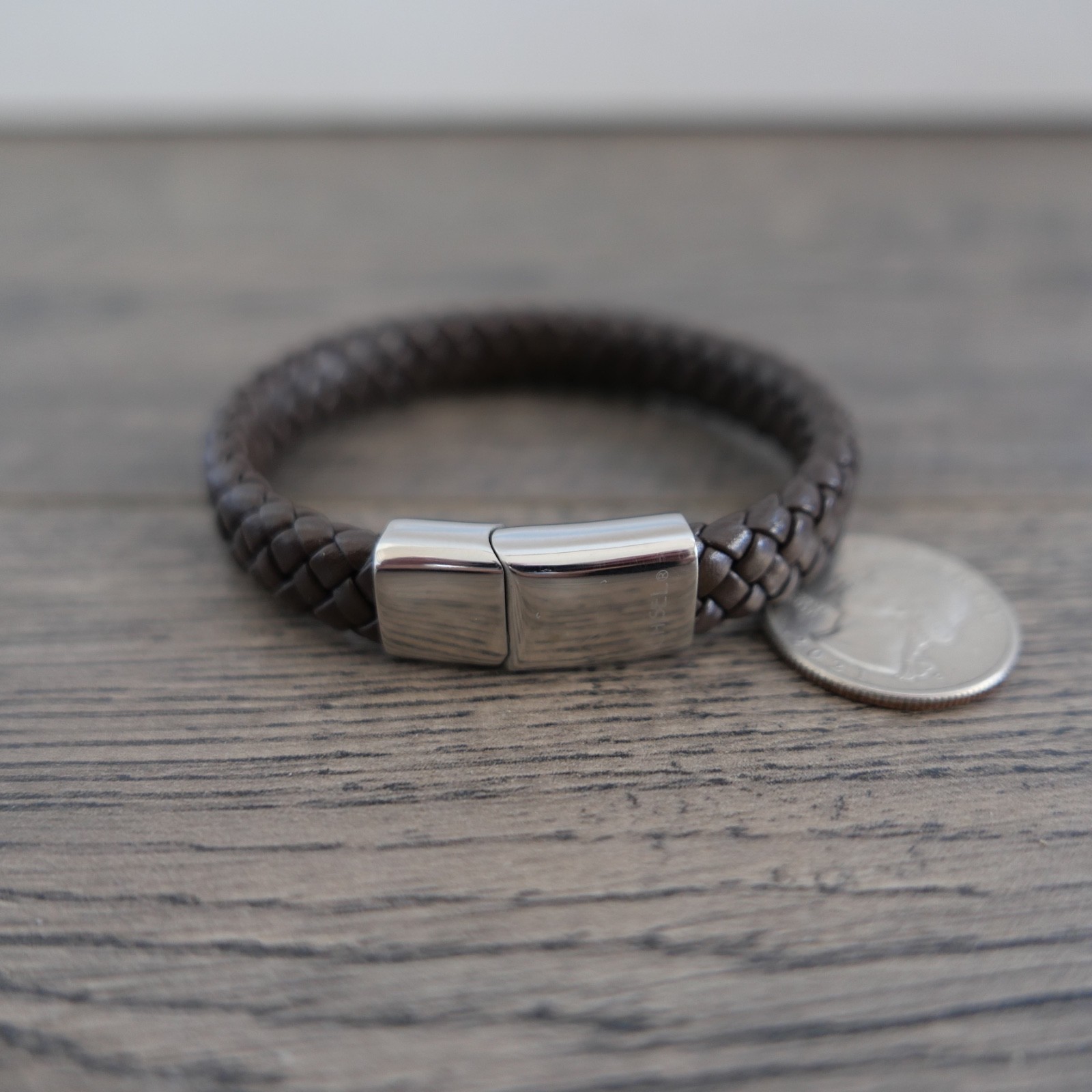 Stainless Steel Polished Braided Brown Leather 7.5″ Inch Bracelet !!! By Chisel