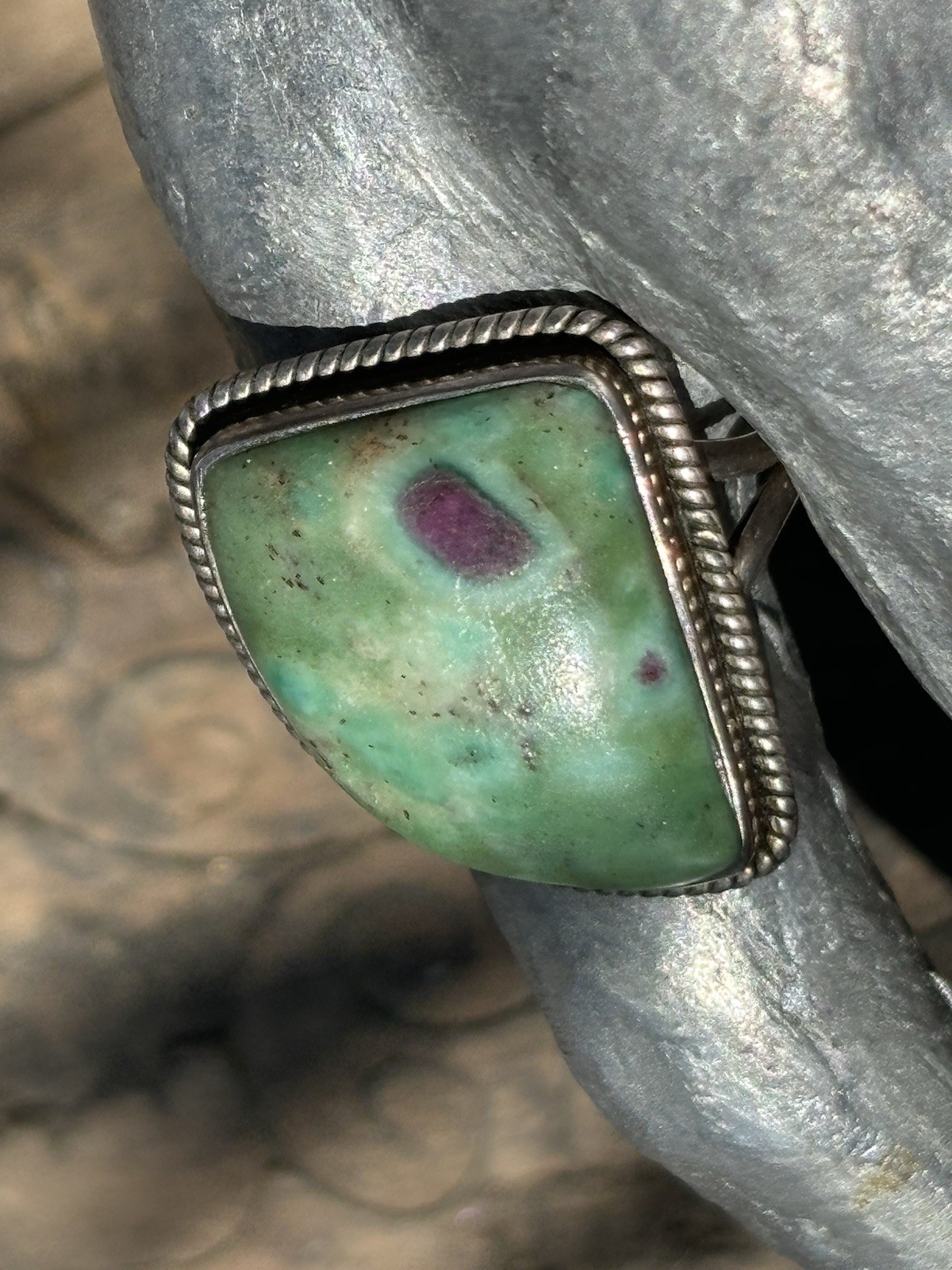 Handmade sterling silver Ruby in fuschite gemstone bezel set ring size 8