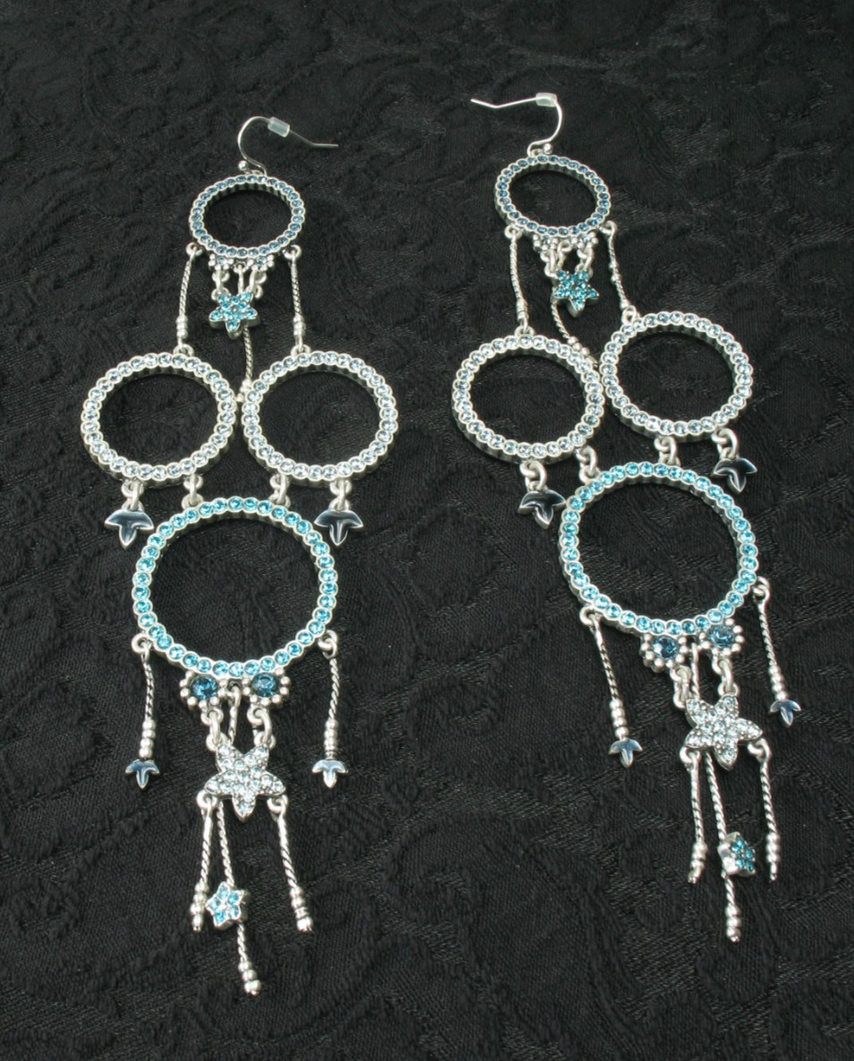 PILGRIM Blue Swarovski Sparkly Crystal LONG Earrings Silver Stars Vintage Jewels