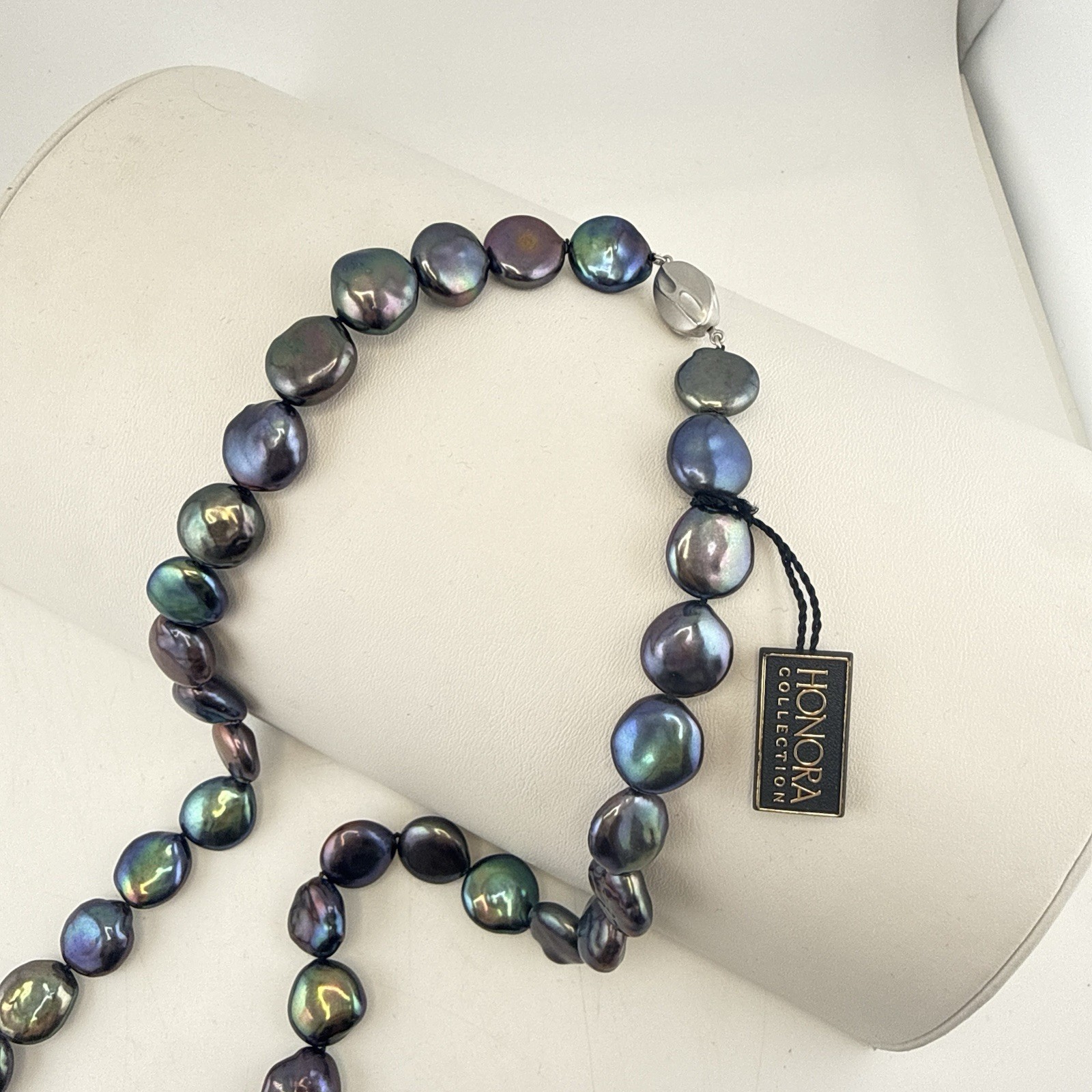 Honora Pearl Necklace Oil Slick Peacock Blue Purple Coin 36″ Chunky Modern