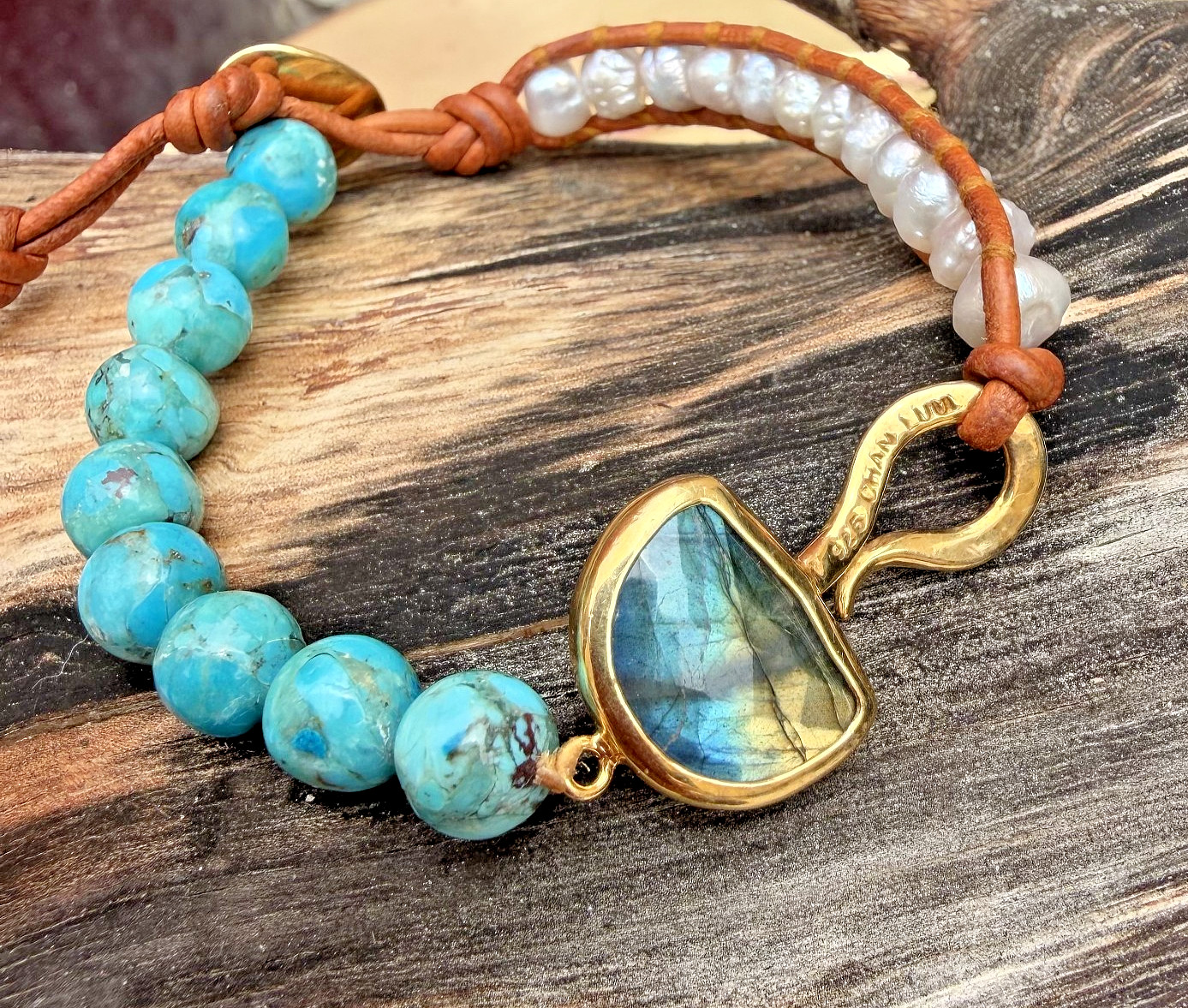 Chan Luu Bracelet Gold Abalone Luna Pearl Turquoise on Leather New
