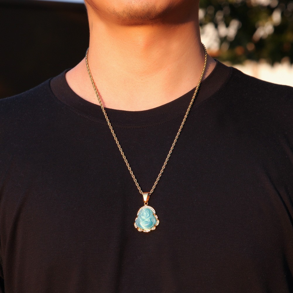 Hip Hop Stainless Steel Maitreya Buddha Pendant Necklace with Rhinestone Jewelry