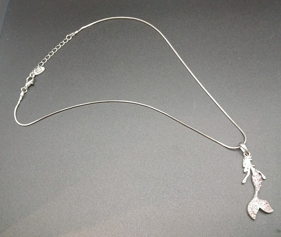 Mermaid Necklace Pink Rhinestones Signed Adult Jewels Silvertone