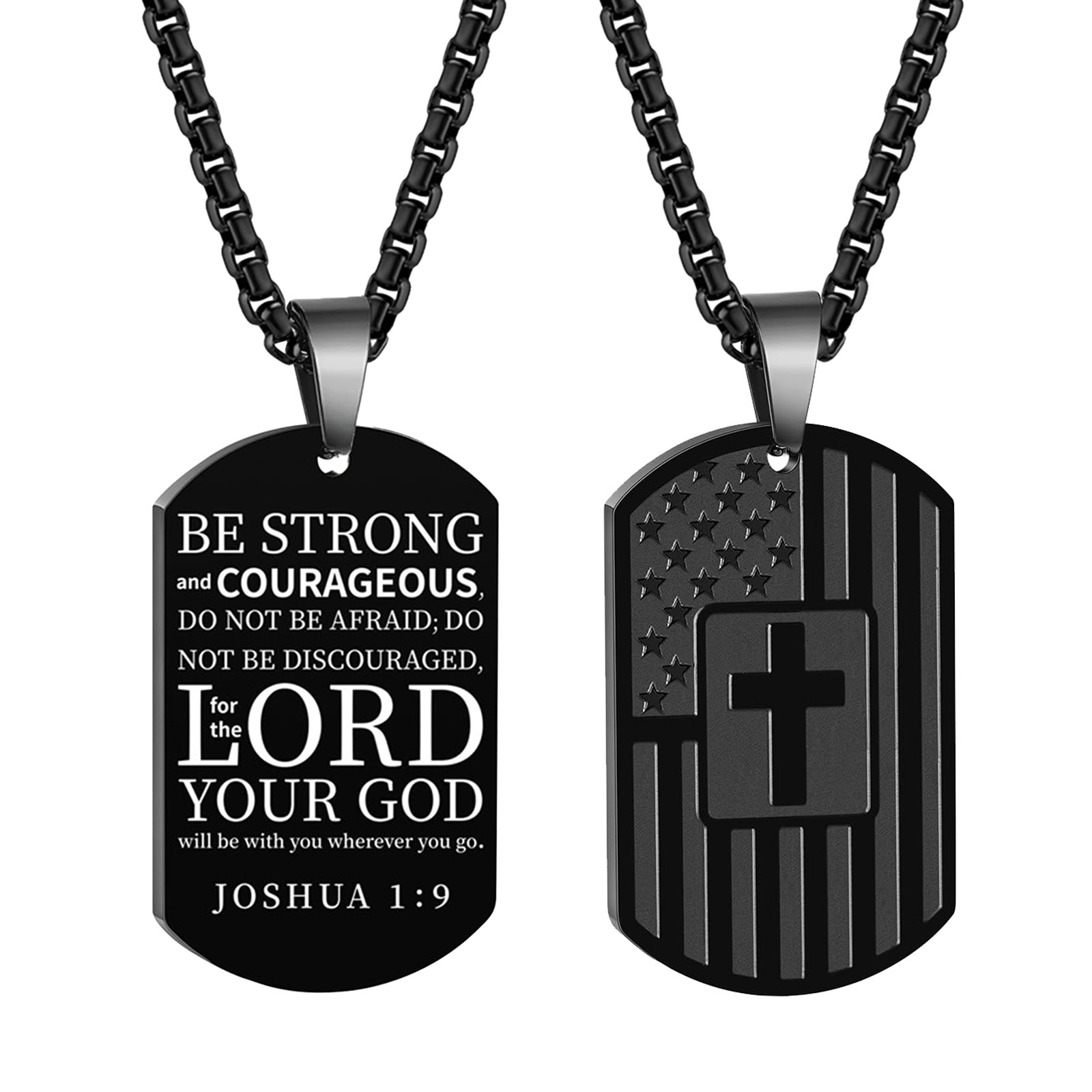 Men Boys American Flag Bible Verse Pendant Dog Tag Cross Inspirational Necklace