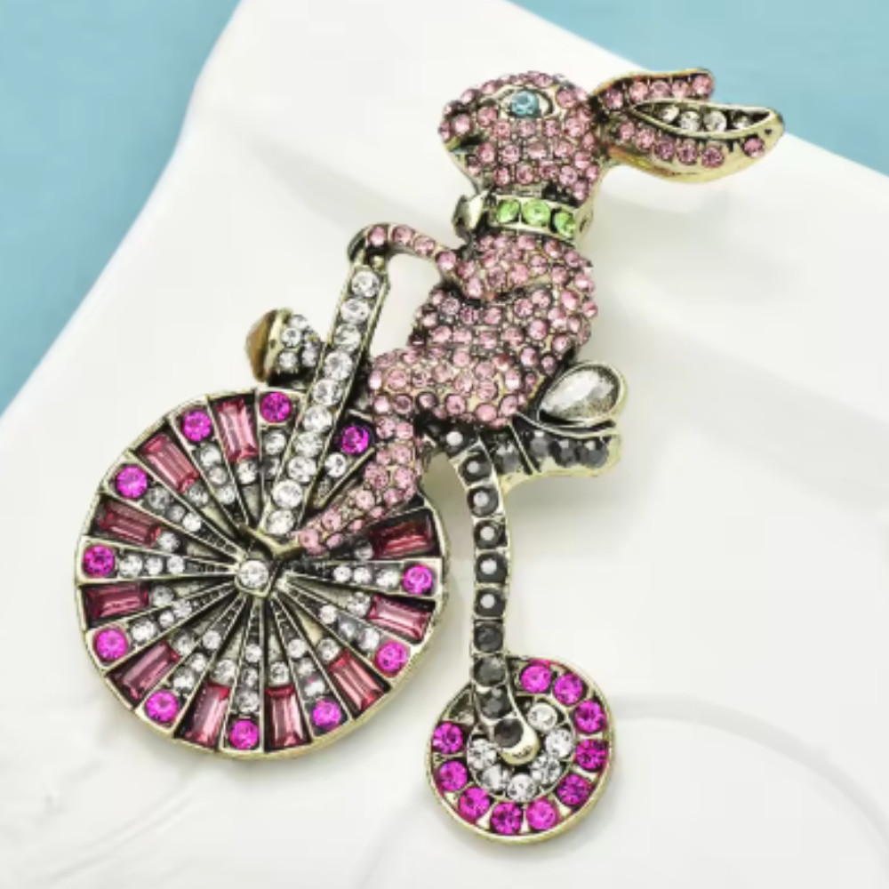 Easter Spring Bunny Brooch Rhinestone Riding Rabbit Animal Pin Gift Jewelry USA