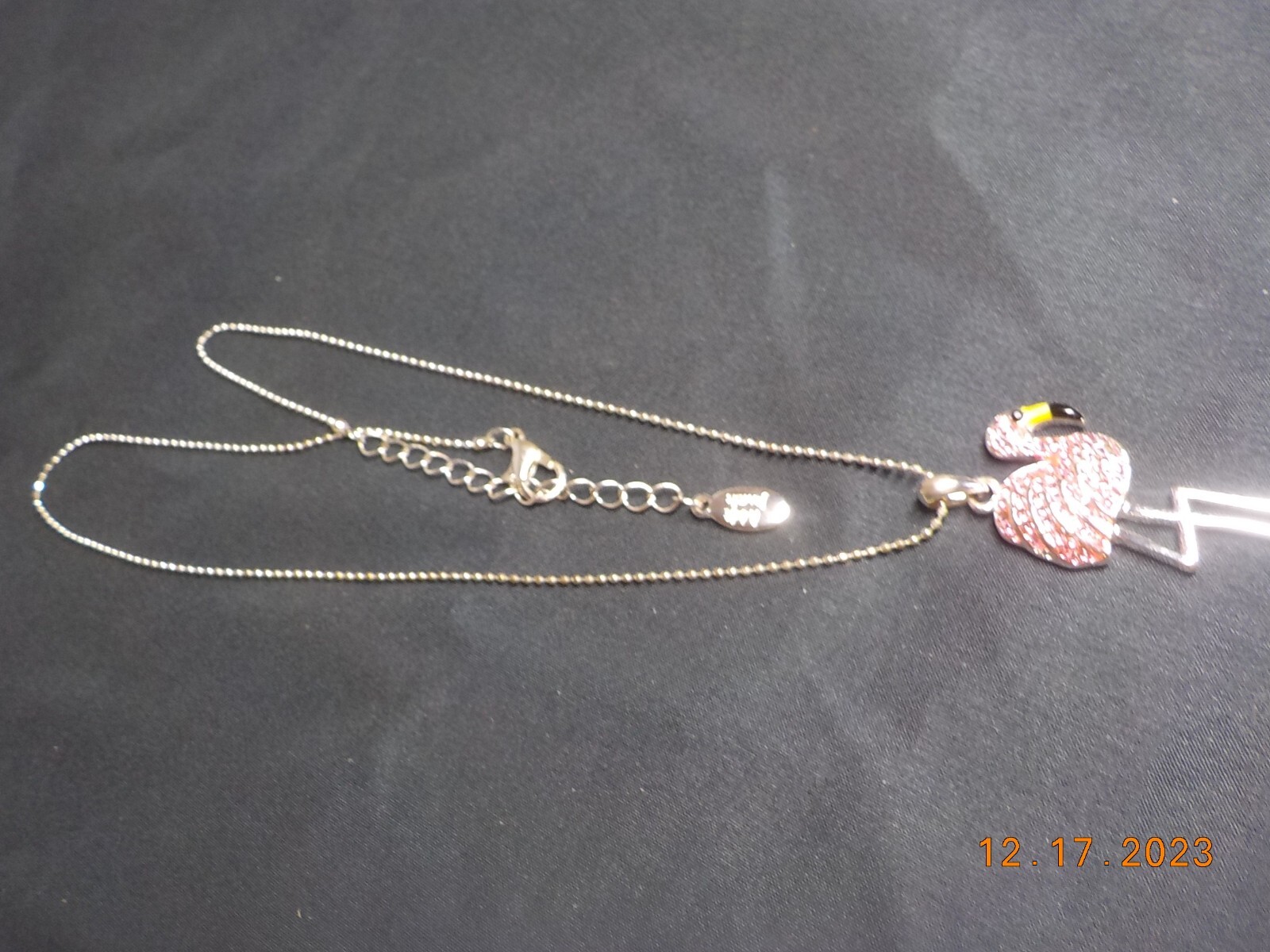 ADULT JEWELS SIGNED PINK RHINESTONE STUDDED FLAMINGO PENDANT ON BALL CHAIN