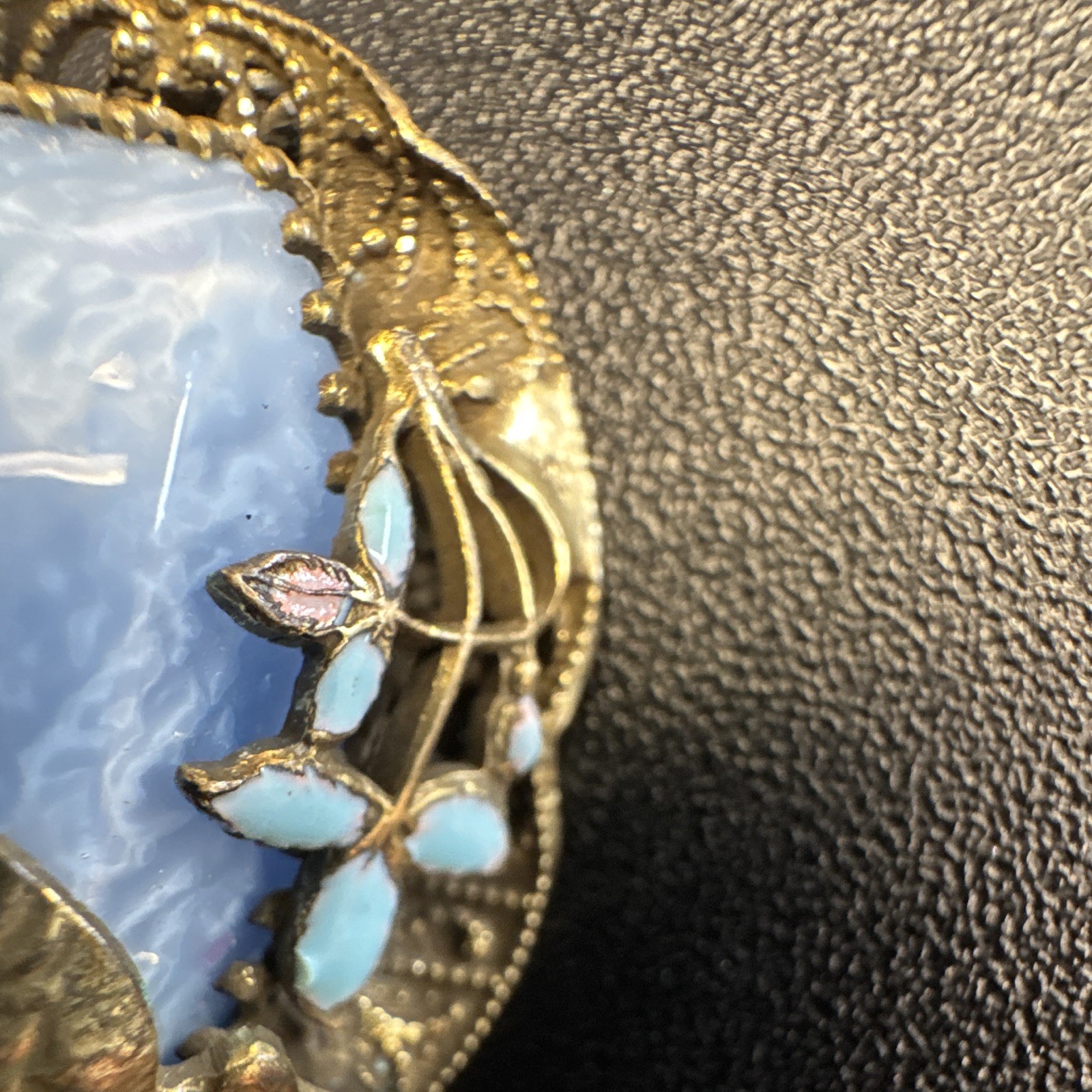 Vintage brass filigree bird brooch blue cabochon. Unique