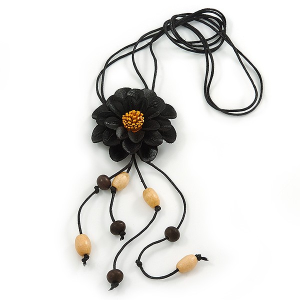Black Leather Daisy Pendant with Long Cotton Cord – 80cm L – Adjustable