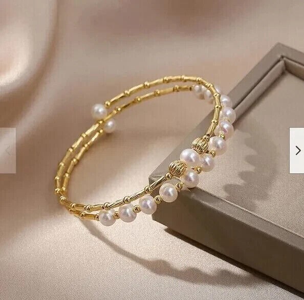 AAA 6-7mm Akoya round Real Natural White Pearl Bracelet 14k Gold 7.5-8″