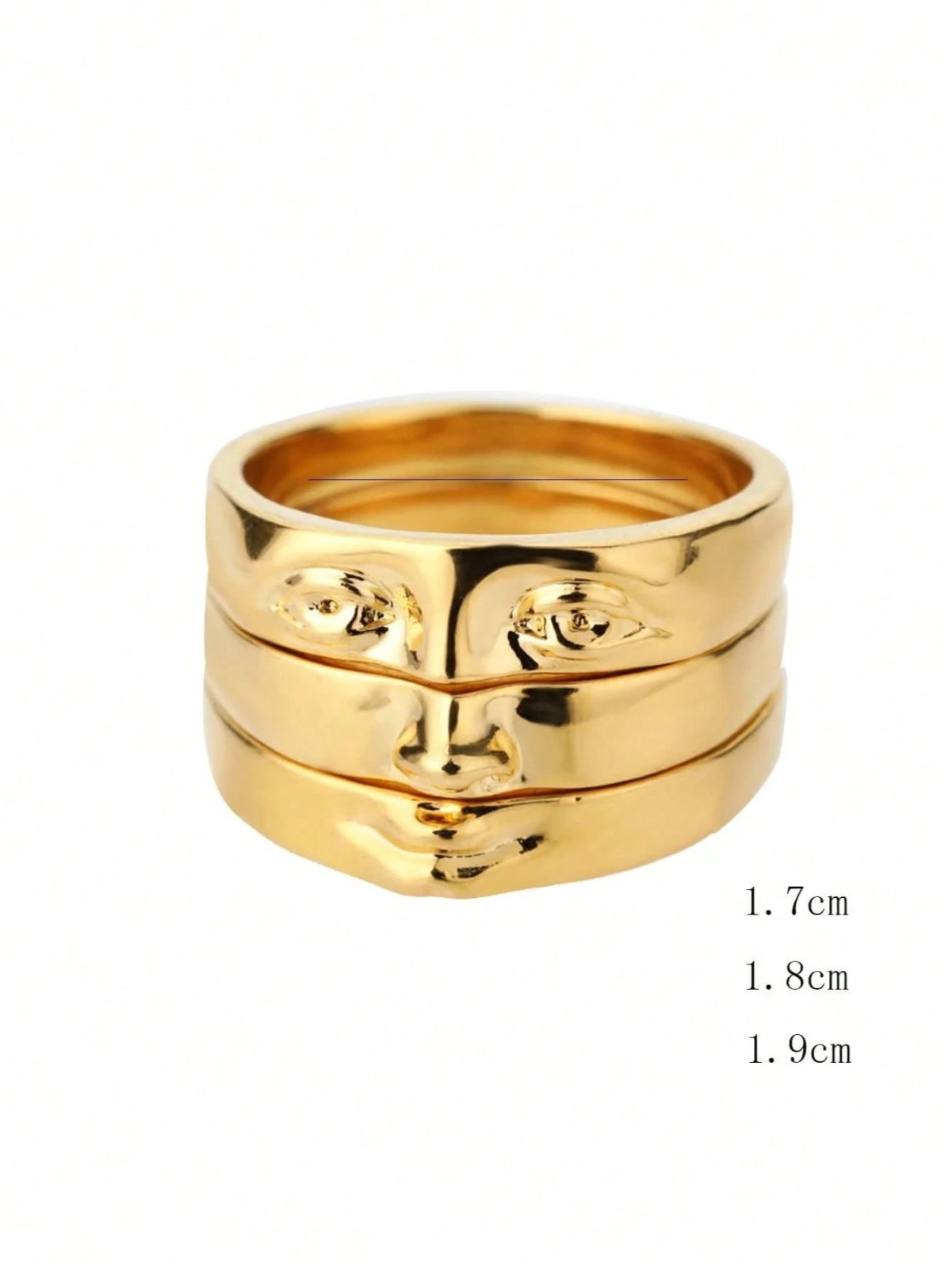 Abstract Face Ring Set 3Pc Stackable Vintage Gold Plated Copper Womens Jewelry